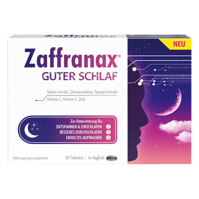 Verpackung von Zaffranax Gute Nacht mit Illustrationen zur Schlafunterstützung und Zutatenliste.
