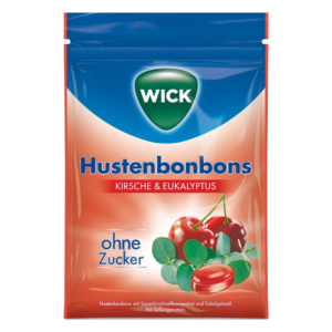 Verpackung von Wick Hustenbonbons mit Kirsche und Eukalyptus, ohne Zucker, mit Kirschen und Eukalyptusblättern auf der Vorderseite.