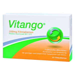 Verpackung von Vitango 200mg Filmtabletten zur Stressbewältigung mit Rhodiola rosea Extrakt.