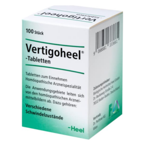 Packung mit Vertigoheel-Tabletten zur Behandlung verschiedener Schwindelzustände in homöopathischer Form.