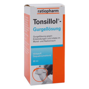 Verpackung von Tonsillol Gurgelösung mit orange-blauem Design zur Behandlung von Entzündungen im Mund- und Rachenraum.