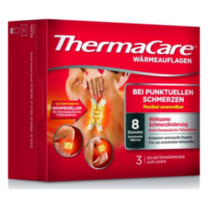 Packung mit ThermaCare Wärmeauflagen für punktuelle Schmerzlinderung, betont konstante Wärme und flexible Anwendung.