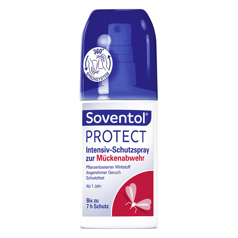 Soventol Protect, ein intensives Mückenschutzspray in weißer Flasche mit blauen Details und 360° Sprühkopf.