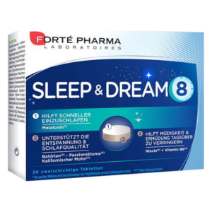 Verpackung von Forté Pharma Sleep & Dream 8, die schlaffördernde Tabletten mit Melatonin und Kräuterextrakten enthält.