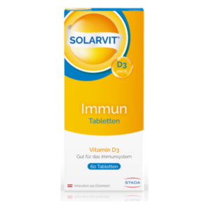 Verpackung von Solarvit Immun, Vitamin D3 Tabletten, 1000 IE, in einer hellen, gelben Box.