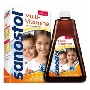 Sanostol Multi-Vitamine Nahrungsergänzungsmittel in der Verpackung und Flasche, abgebildet mit lächelnden Kindern.