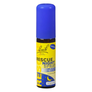 Rescue Night Spray in einer braunen Flasche mit blauer Sprühkappe, etikettiert mit gelben und blauen Farben.