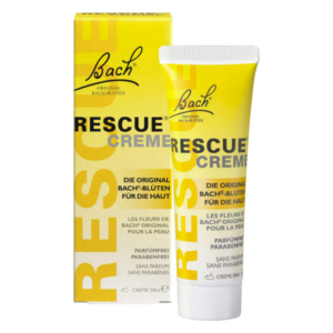 Rettungscreme von Bach in gelber Verpackung, 50ml Tube mit Informationen zu Inhaltsstoffen und Verwendung.