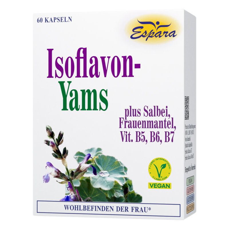 Packung mit Isoflavon-Yams-Kapseln, ergänzt mit Salbei, Frauenmantel und Vitaminen, vegan, 60 Kapseln.