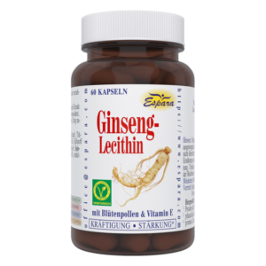 Braunes Glasgefäß mit Ginseng-Lecithin-Kapseln, kennzeichnet die Hauptbestandteile und vegetabile Herkunft.