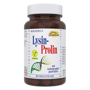 Braune Kapselverpackung mit blauer Schrift; enthält ein Nahrungsergänzungsmittel mit Lysin und Prolin für Bindegewebe.