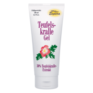 Tube mit Teufelskralle-Gel, enthält 30% Teufelskralle-Extrakt, Design mit rosa Blume.