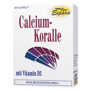 Packung mit Calcium-Kapseln, die Vitamin D3 enthalten, mit farbigen grafischen Elementen.