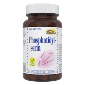 Braune Kunststoffflasche mit Kapseln, beschriftet mit "Phosphatidyl-serin" und Hinweisen zu veganer Ernährung und Verwendung.