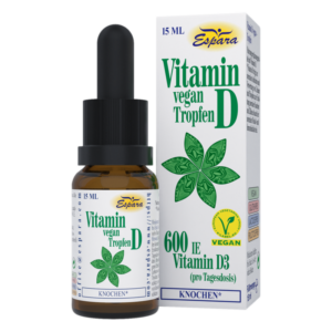 Braune Flasche mit Pipette und Verpackung für vegane Vitamin D Tropfen, 15 ml, von Espára mit grüner Pflanze.