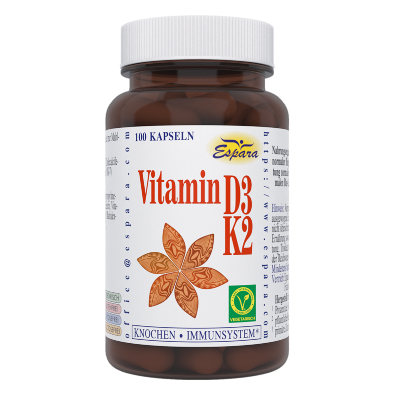 Brauner Behälter mit weißen Deckel, enthält Kapseln für Vitamin D3 und K2, gekennzeichnet mit Angaben zu Verzehr und Vegetarismus.