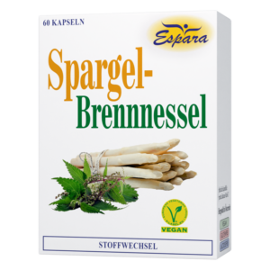 Verpackung des Nahrungsergänzungsmittels mit Spargel und Brennnessel, beinhaltet 60 Kapseln und ist vegan.