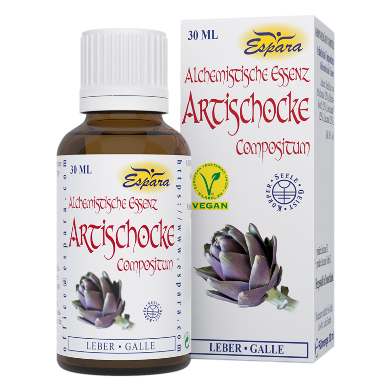 Braune Flasche mit 30 ml alchemistischer Essenz Artischocke in einer weißen Umverpackung mit lila Akzenten.