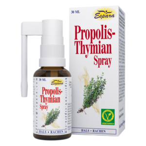 Propolis-Thymian Spray in brauner Flasche mit Sprühkopf und detaillierter Verpackung, die die Produktinformationen enthält.