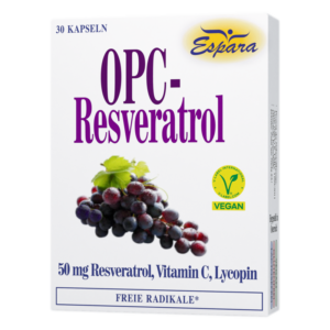 Verpackung von OPC-Resveratrol-Kapseln mit Traubenabbildung, veganen Inhaltsstoffen und 50 mg Resveratrol pro Kapsel.