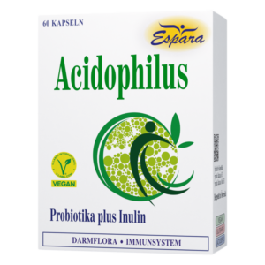 Verpackung von Acidophilus Kapseln mit der Bezeichnung 'Probiotika plus Inulin', vegan, gesundheitsfördernde grafische Elemente.