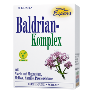 Paket von Baldrian-Komplex Kapseln, vegane Formel mit Kräutermischung zur Entspannung und Schlafunterstützung.