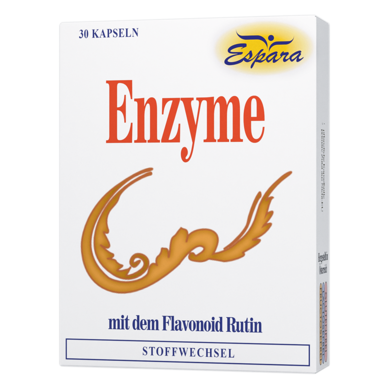 Verpackung mit Kapseln für Enzyme, hervorgehoben durch das Wort ‚Enzyme‘ und das Flavonoid Rutin.