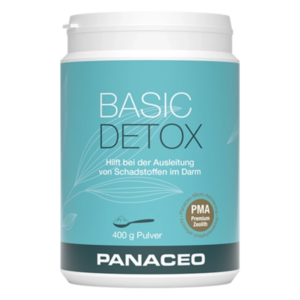 Dose mit grünlichem Etikett für ‚BASIC DETOX‘, unterstützt die Ausleitung von Schadstoffen, 400 g Pulver.