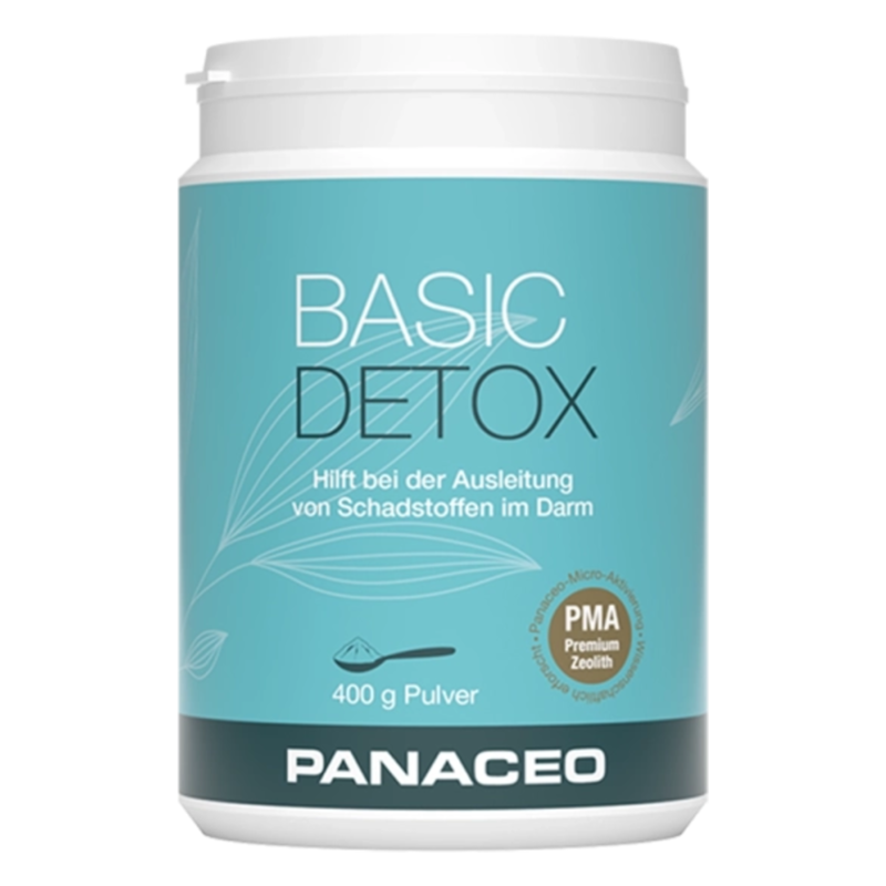 Dose mit grünlichem Etikett für ‚BASIC DETOX‘, unterstützt die Ausleitung von Schadstoffen, 400 g Pulver.
