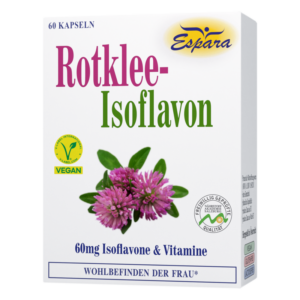 Verpackung von rotklee-isoﬂavon Kapseln mit pinken und grünen Schriftzügen sowie einer Abbildung einer Rotklee-Blüte.