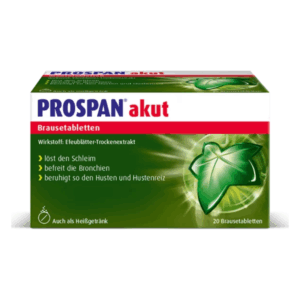 Packung PROSPAN akut Brausetabletten mit Efeublätter-Extrakt, für die Linderung von Husten und Bronchialproblemen.
