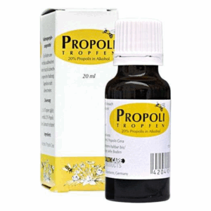 Eine braune Glasflasche mit Tropfverschluss, abgepackt in einem gelben und weißen Karton, enthält Propolis-Tropfen.