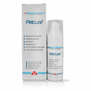 Verpackung und Flasche von Pelcure, einem Hautpflegeprodukt zur Behandlung von Akne, mit Inhaltsstoffen aufgelistet.