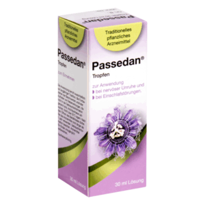 Verpackung von Passedan Tropfen, einem pflanzlichen Arzneimittel gegen Unruhe und Einschlafstörungen.