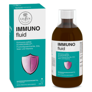 Flasche mit Nahrungsergänzungsmittel IMMUNO fluid, verpackt in einer farbigen Schachtel, roter Fruchtgeschmack.