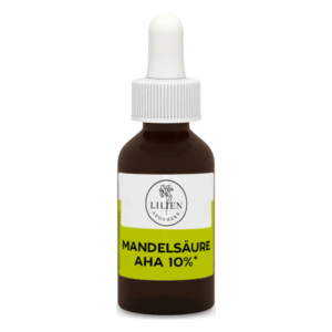 Braune Glasflasche mit Pipette, Etikett für Mandelsäure AHA 10% von Lilien Apotheke.