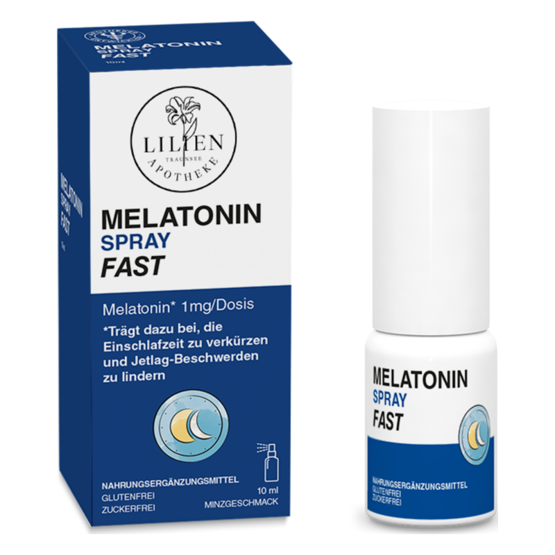 Melatonin Spray Fast, 10 ml Flasche mit blauer Verpackung, enthält 1 mg Melatonin pro Dosis zur Unterstützung des Schlafs.