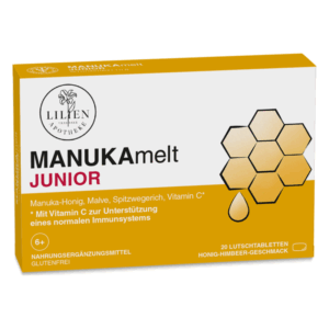 Verpackung von MANUKAmelt JUNIOR, Nahrungsergänzungsmittel mit Manuka-Honig, Malve und Vitamin C, honig-himbeer Geschmack.