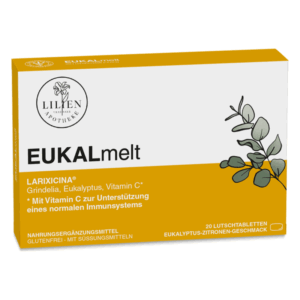 Verpackung von EUKALmelt Lutschtabletten mit Eukalyptus, Vitamin C und Zitronengeschmack in gelbem Design.