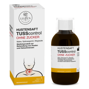 Hustensaft TUSScontrol in einer 150 ml Flasche, verpackt in einer weißen Box mit medizinischen Informationen.