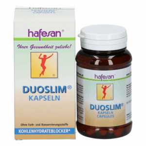 Braunes Fläschchen mit Duoslim-Kapseln, verpackt in einer bunten Schachtel, die Gesundheitsthemen anspricht.