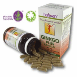 Offene Flasche mit Ginkgo Plus Kapseln und Verpackung, die pflanzliche und vegane Inhaltsstoffe kennzeichnet.