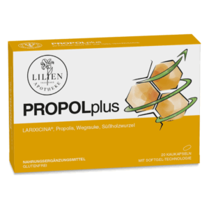 Packung mit 20 Kapseln von PROPOLplus, einem Nahrungsergänzungsmittel mit Propolis, Wegrauke und Süßholzwurzel.