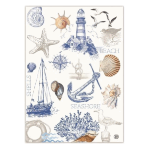 Illustration mit maritimen Motiven wie Leuchtturm, Muscheln, Anker, Segelschiff und Meerestieren