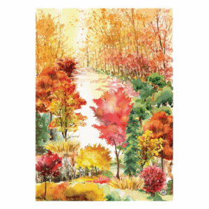 Aquarellbild eines herbstlichen Waldes mit bunten Laubbäumen in Gelb, Rot und Grün am Ufer eines Gewässers.