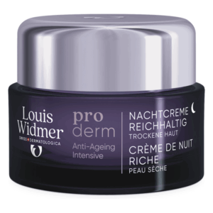 Dunkelviolette Nachcreme in runder, gläserner Verpackung mit silbernem Deckel für trockene Haut.