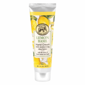 Handcreme in einer tubenförmigen Verpackung mit dem Duft von Zitrone und Basilikum, hergestellt mit Sheabutter.