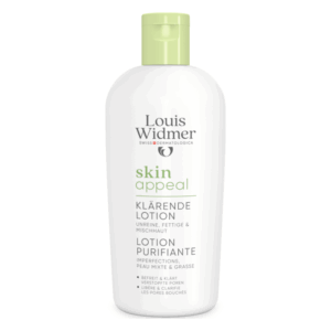 Flasche mit klärender Lotion für unreine, fettige Haut von Louis Widmer, weiß mit grünem Deckel.