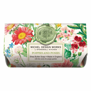 Seifenverpackung mit floralem Design in bunten Farben, beschriftet mit "Poppies and Posies" und Siegel.