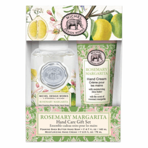 Geschenkset für Handpflege mit handgemachter Seife und Handcreme in einer dekorativen Verpackung.